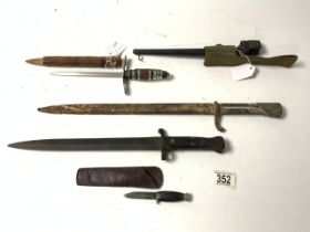 THREE BAYONETS, A SMALL DAGGER AND AN ORNAMENTAL KNIFE.