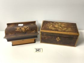 VICTORIAN ROSEWOOD, SATINWOOD AND FLORAL INLAID RECTANGULAR JEWELLERY BOX WITH KEY 17CM AND A