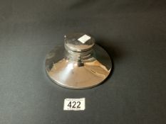 LARGE HALLMARKED SILVER CIRCULAR CAPSTAN INKWELL DATED 1928 BY S BLACKENSEE LTD; 17CM