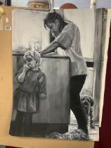 UNFRAMED CHARCOAL AND PASTEL DRAWING OF MOTHER AND CHILD AT KITCHEN COUNTER, 59X83 CMS.