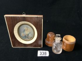 A 19TH-CENTURY MINIATURE WATERCOLOUR WITH A 19TH-CENTURY WOODEN TREEN WITH A GLASS MEDICINE BOTTLE