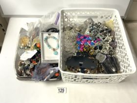 A QUANTITY OF COSTUME JEWELLERY, INCLUDES BEADS, MARCASITE EARRINGS AND MORE.