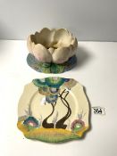 BIZARRE BY CLARICE CLIFF HONEYGLAZE PLATE, 23 CMS AND A CLARICE CLIFF CROCUS BOWL.