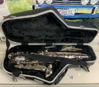 A SILVER-PLATED SAXOPHONE IN FITTED CASE - BUNDY II, BY THE SELMER Co, USA.