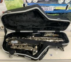 A SILVER-PLATED SAXOPHONE IN FITTED CASE - BUNDY II, BY THE SELMER Co, USA.