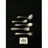 HALLMARKED SILVER SAUCE LADLE, THREE HALLMARKED SILVER SPOONS, AND HALLMARKED SILVER PICKLE FORK, 68