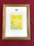 JAN MUICH SIGNED WATERCLOUR TITLED DOWNLANDS FRAMED AND GLAZED 30 X 40CM