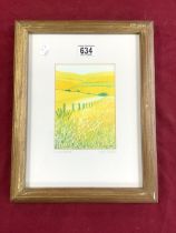 JAN MUICH SIGNED WATERCLOUR TITLED DOWNLANDS FRAMED AND GLAZED 30 X 40CM