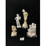 A PORTUGESE PARIAN WARE FIGURE OF A MAN; 20 CMS AND THREE RESIN CLASSICAL STYLE FIGURES.