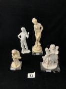 A PORTUGESE PARIAN WARE FIGURE OF A MAN; 20 CMS AND THREE RESIN CLASSICAL STYLE FIGURES.