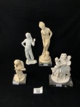 A PORTUGESE PARIAN WARE FIGURE OF A MAN; 20 CMS AND THREE RESIN CLASSICAL STYLE FIGURES.