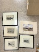 OLIVER HALL ( 1869-1957 ) ENGLAND WATERCOLOUR AND FOUR ETCHINGS OF LANDSCAPES