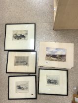 OLIVER HALL ( 1869-1957 ) ENGLAND WATERCOLOUR AND FOUR ETCHINGS OF LANDSCAPES