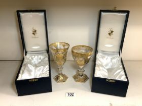 PAIR DE LAMERIE LONDON GLASS GOBLET DECORATED IN GOLD GILT BOXED 16CM