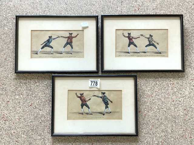 THREE COLOURED PRINTS OF FENCING, 20X11 CMS.