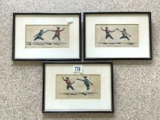 THREE COLOURED PRINTS OF FENCING, 20X11 CMS.