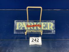 VINTAGE GLASS PARKER FOUNTAIN PEN LUCKY CURVE POINT OF SALE SIGN.