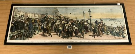 A COLOURED PRINT OF - HOLIDAY TIME AT SEASIDE AT PROMENADE KINGS ROAD BRIGHTON, 108X38 CMS.