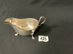 HALLMARKED SILVER SAUCEBOAT RAISED ON PAD FEET DATED 1936 BY FRANK COBB AND CO LTD; 16CM; 120 GMS