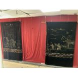 A PAIR OF VINTAGE VELVET WALL HANGING DEPICTING JAPANESE FIGURE AND LANDSCAPE, 120X200 CMS.