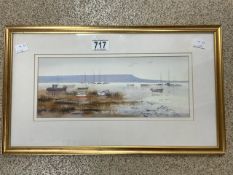 A WATERCOLOUR STUDY OF SMALL SAILING BOATS IN ESTURY BY CHRISTOPHER HORNER, 33X13 CMS.