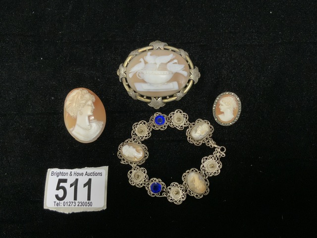 CAMEO BROOCH - DOVES ON URN, TWO OTHER CAMEOS AND CAMEO BRACELET.