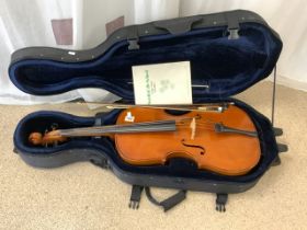 A SENTOR STUDENT CELLO IN CASE WITH TWO BOWS.