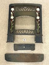 A SMALL VICTORIAN IRON FIRE FRONT WITH ART NOUVEAU FLORAL TILE DECORATION, 54X62 CMS.