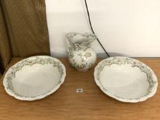 VICTORIAN FLORAL DECORATED WATER JUG AND TWO MATCHING BOWLS.