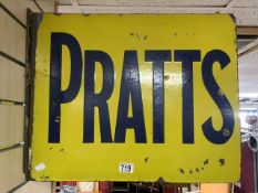 A VINTAGE ENAMEL ' PRATTS ' DOUBLE SIDED ADVERTISING SIGN, 56X46 CMS.