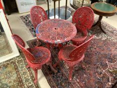 PAINTED ALUMINIUM GARDEN TABLE AND FOUR CHAIRS, 70 CMS DIAMETER.