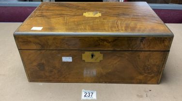 A VICTORIAN WALUT BRASS BOUND WRITING BOX, WITH FITTED INTERIOR.