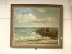 OIL ON CANVAS OF A ROCKY COASTAL SCENE, SIGNED JOHN WHEATLEY, 60X59 CMS.