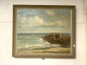 OIL ON CANVAS OF A ROCKY COASTAL SCENE, SIGNED JOHN WHEATLEY, 60X59 CMS.