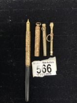 EARLY COMBINATION GOLD-PLATED ENGRAVED DIP PEN, AND THREE SMALL ENGRAVED GOLD-PLATED PENCILS.