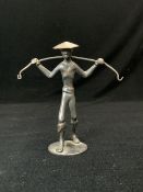 RENE ROSENTHAL BRONZE OF A MAN, ASIAN FIGURE WITH POLE, 11 CMS. MONOGRAM TO BASE.