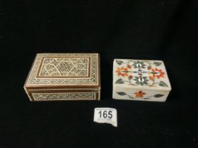 PIETRA DURA INLAID ALABASTER BOX AND EASTERN INLAID BOX.