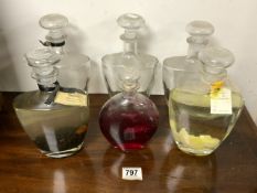 SIX FRENCH GLASS DECORATIVE OIL BOTTLES.