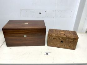 VICTORIAN MAHOGANY TEA CADDY WITH INTERIOR AND A SMALL PARQUETRY INLAID WALNUT TEA CADDY.