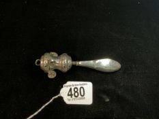 HALLMARKED SILVER BABIES RATTLE, BIRMINGHAM 1915, CRISFORD AND NORRIS, 13 CMS (SOME FAULTS)