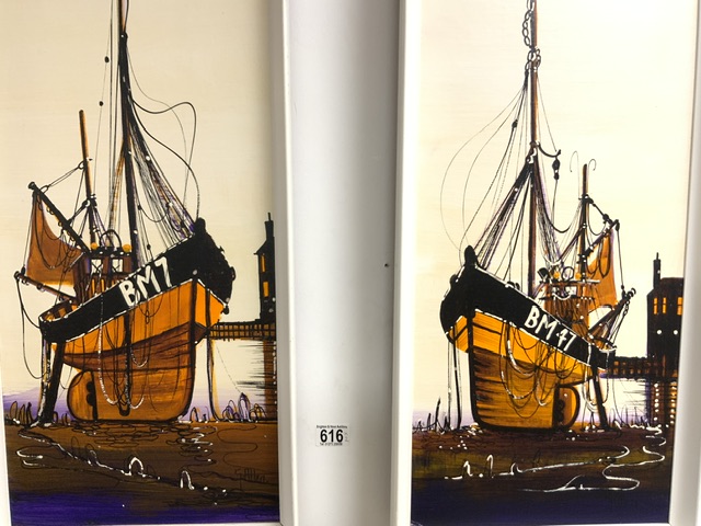 G ALLEN TWO MID-CENTURY OILS ON BOARD OF FISHING BOATS 94 X 34CM - Image 2 of 5