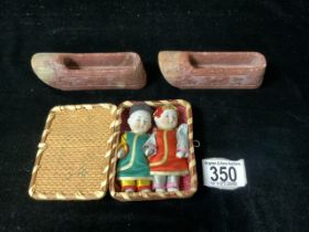 SMALL PAIR OF CHINESE CARVED SOAPSTONE SHOES, AND VINTAGE PAIR OF JAPANESE BISQUE HEAD DOLLS, 9