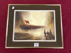 OIL ON CANVAS ' THE CHARGE ' BY JOHN BAMPFIELD, SIGNED, 39X29 CMS.