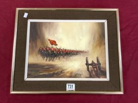 OIL ON CANVAS ' THE CHARGE ' BY JOHN BAMPFIELD, SIGNED, 39X29 CMS.