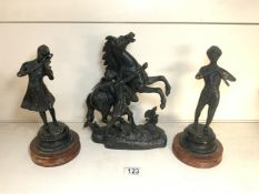 VICTORIAN PAINTED SPELTER MARLEY HORSE GROUP, 30CM AND A PAIR OF SPELTER FIGURES - MUSICIANS 28CM