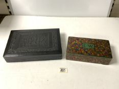 STAINED WOODEN RECTANGULAR PLAYING CARD BOX WITH CARDS, 22.5 CMS AND RECTANGULAR EMBOSSED LEATHER