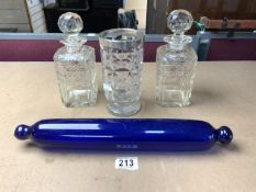 A CUT GLASS VASE WITH HALLMARKED SILVER RIM, PAIR SMALL CUT GLASS DECANTERS, AND A BRISTOL BLUE