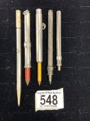 FIVE SAMPSON MORDAN SILVER AND WHITE METAL PROPELLING PENCILS AND HOLDERS