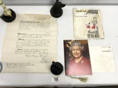 TWO BIRTHDAY CARDS FROM THE QUEEN FOR A 100TH AND A 105TH BIRTHDAYS AND A OBE CERTIFICATE.
