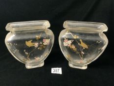 A PAIR OF FRENCH GLASS VASES DECORATED WITH GOLD-PAINTED BIRDS AND FLOWERS, 19 CM. (CHIPS).